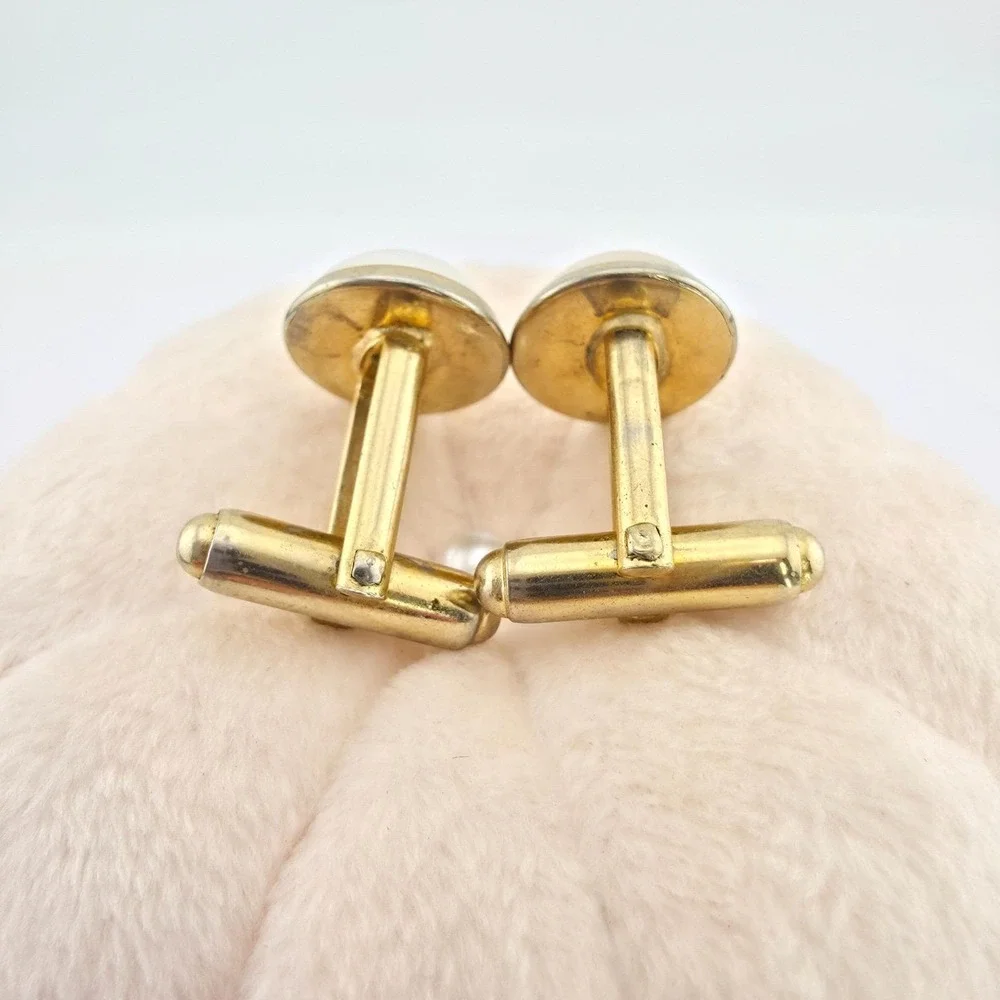Vtg 75 Yr Old ANSON Moonglow Cufflinks Luminous Cabochon White Lucite Gold Plate